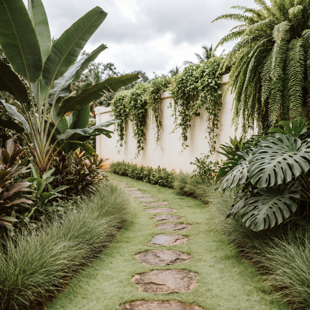 Stepping-stone path through pearl grass bordered by ornamental grasses and tropical foliage