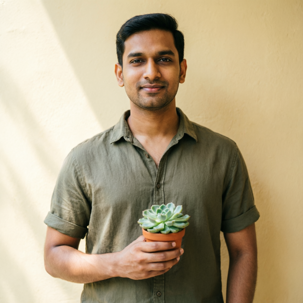 A member of Team Leef holding a potted plant against a warm sunlit wall