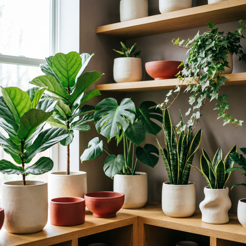 Nursery shelves with potted houseplants and handmade ceramic pots