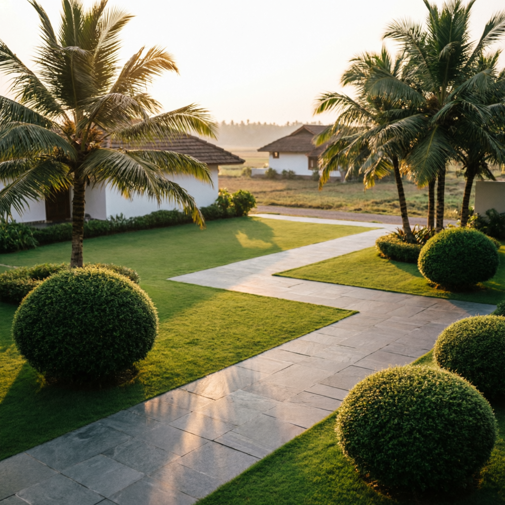 Designed tropical residential landscape with stone pavers and sculpted shrubs