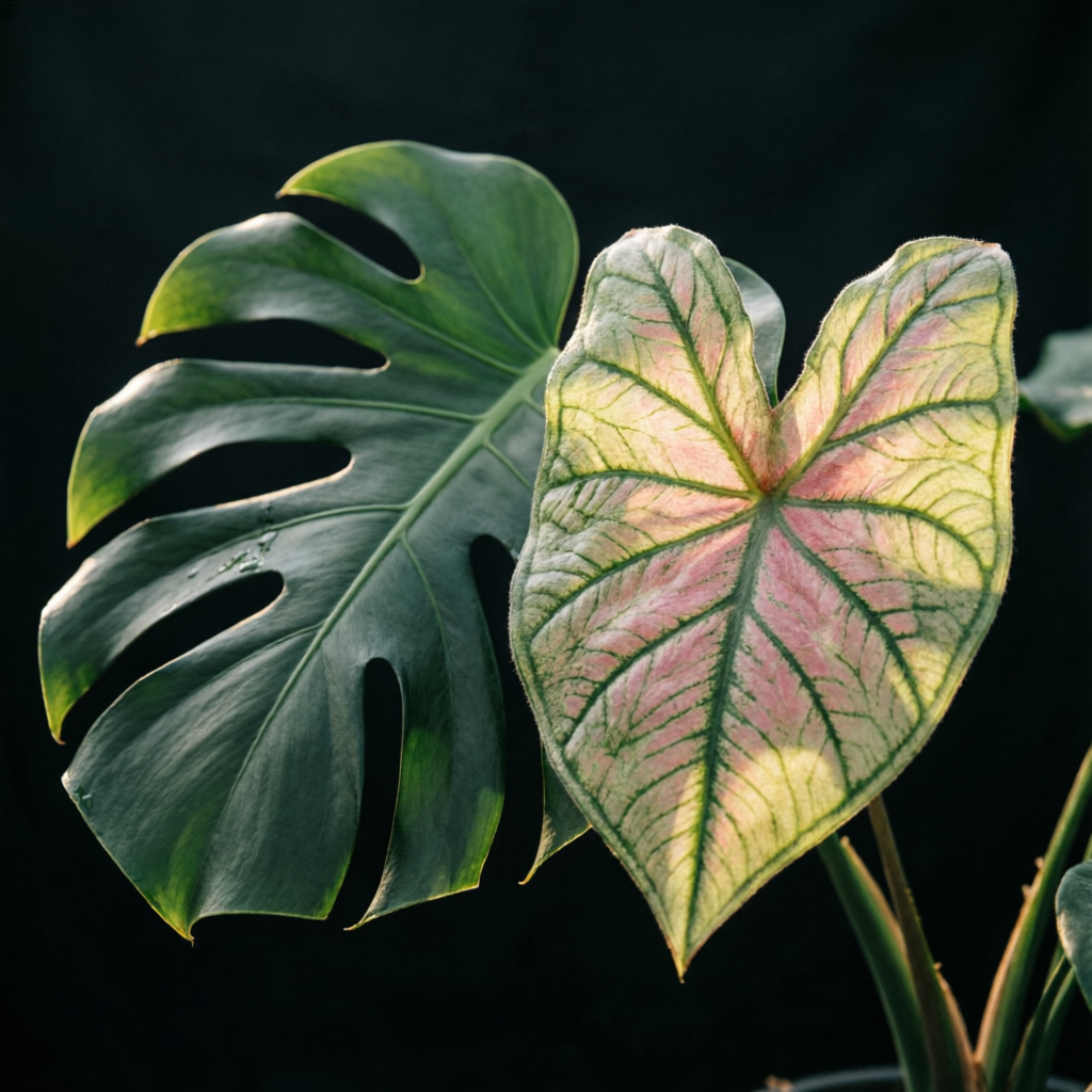 Light glowing through monstera and caladium leaves against a dark background