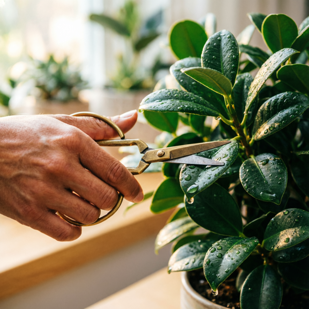 Gardener pruning a lush potted plant with brass scissors