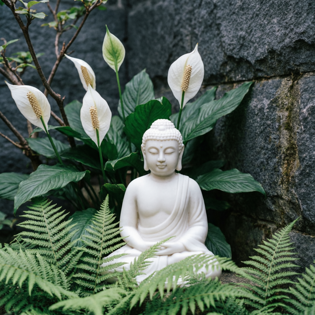 White buddha statue surrounded by ferns and peace lilies against dark stone