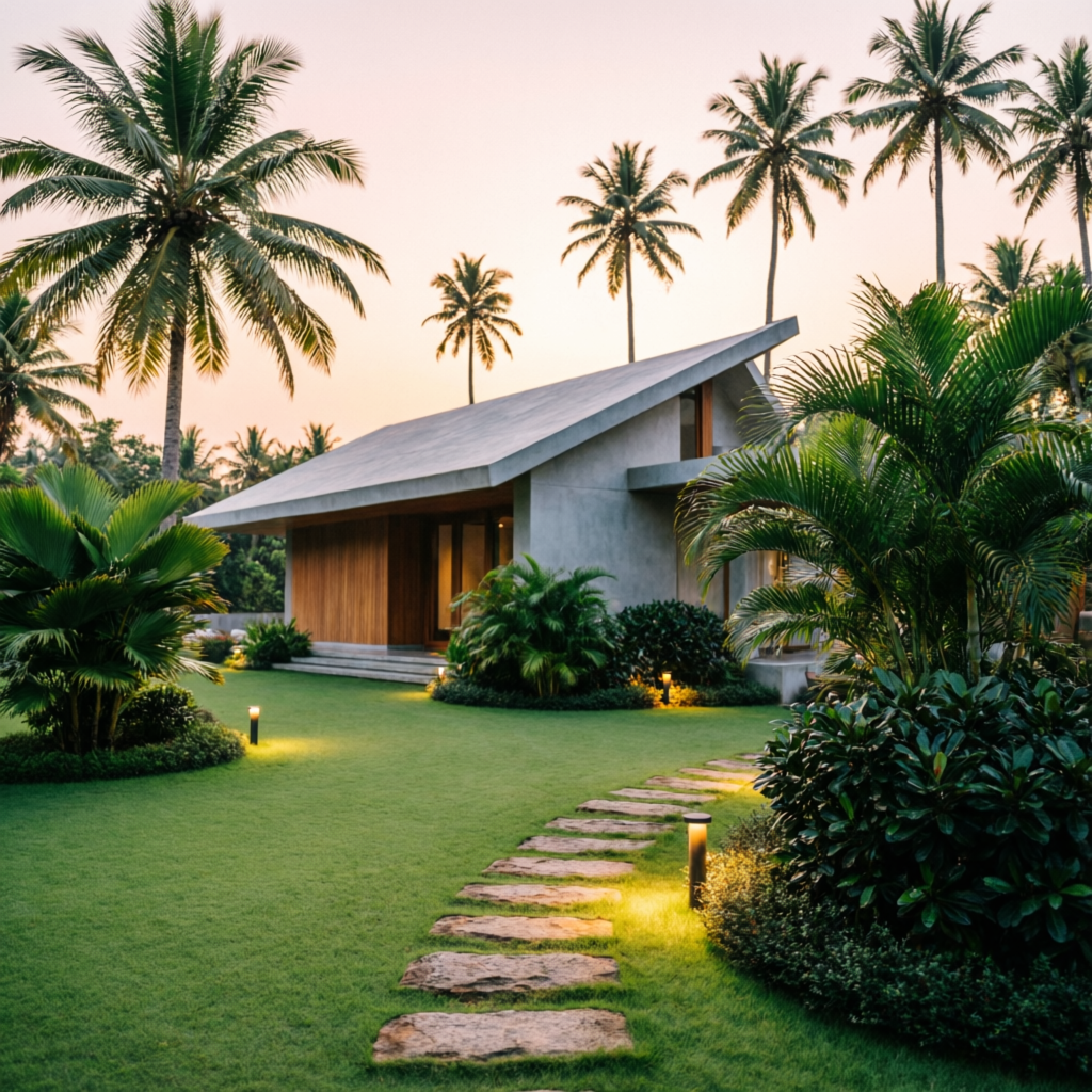 Khayaal — tropical residential landscape with sloped-roof house, lawn and stone path at golden hour