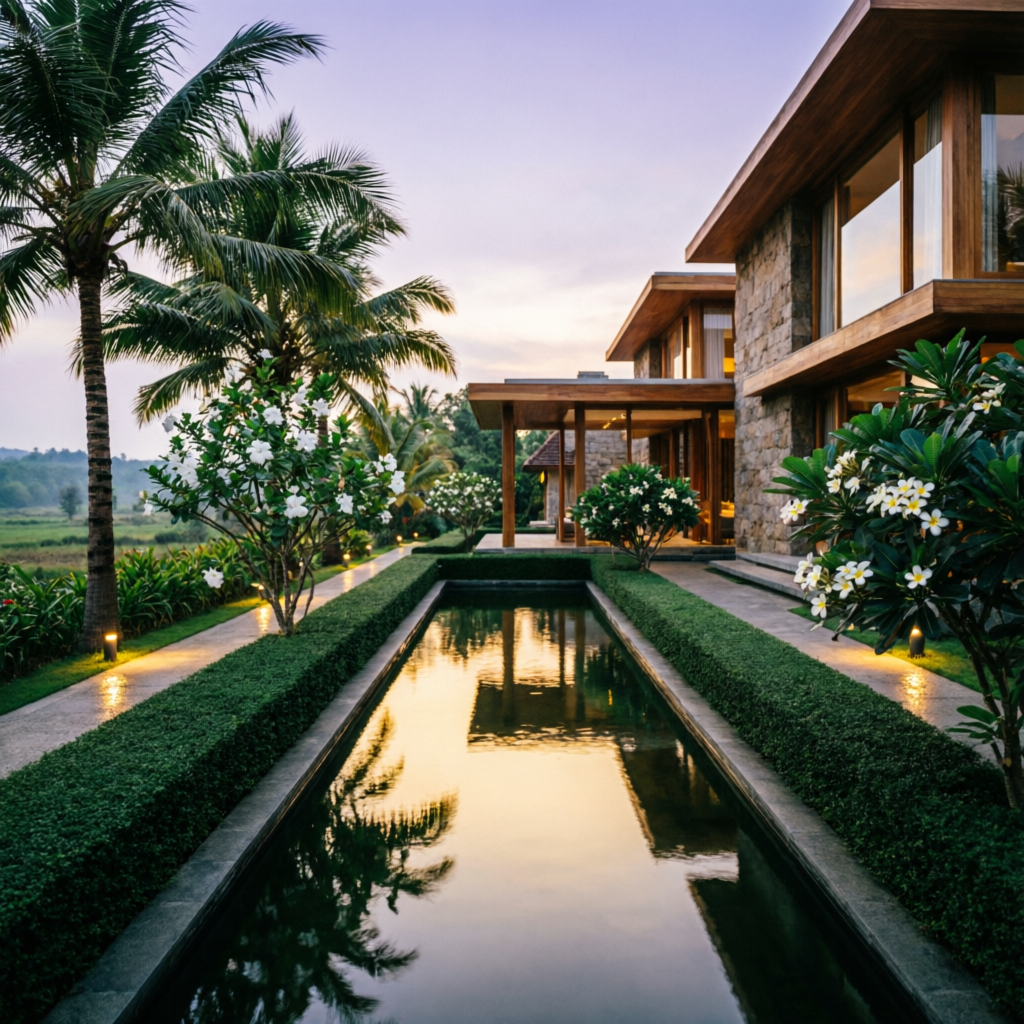Reflecting pool lined with clipped hedges and frangipani at dusk, warm path lighting