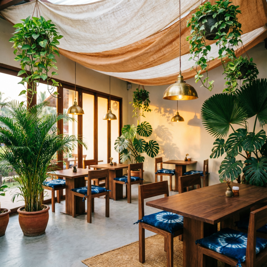 Café interior with draped fabric ceiling, hanging plants and warm pendant lights