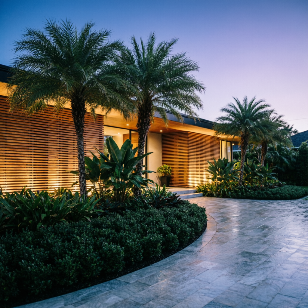 House facade at blue hour with palms, layered shrubs and warm uplights on wood-slat walls