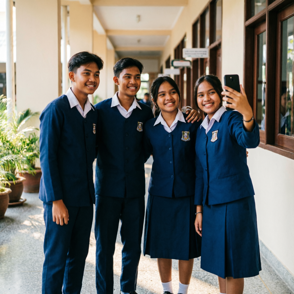 Group of Indonesian students standing together supportively in a school corridor, one raising a smartphone
