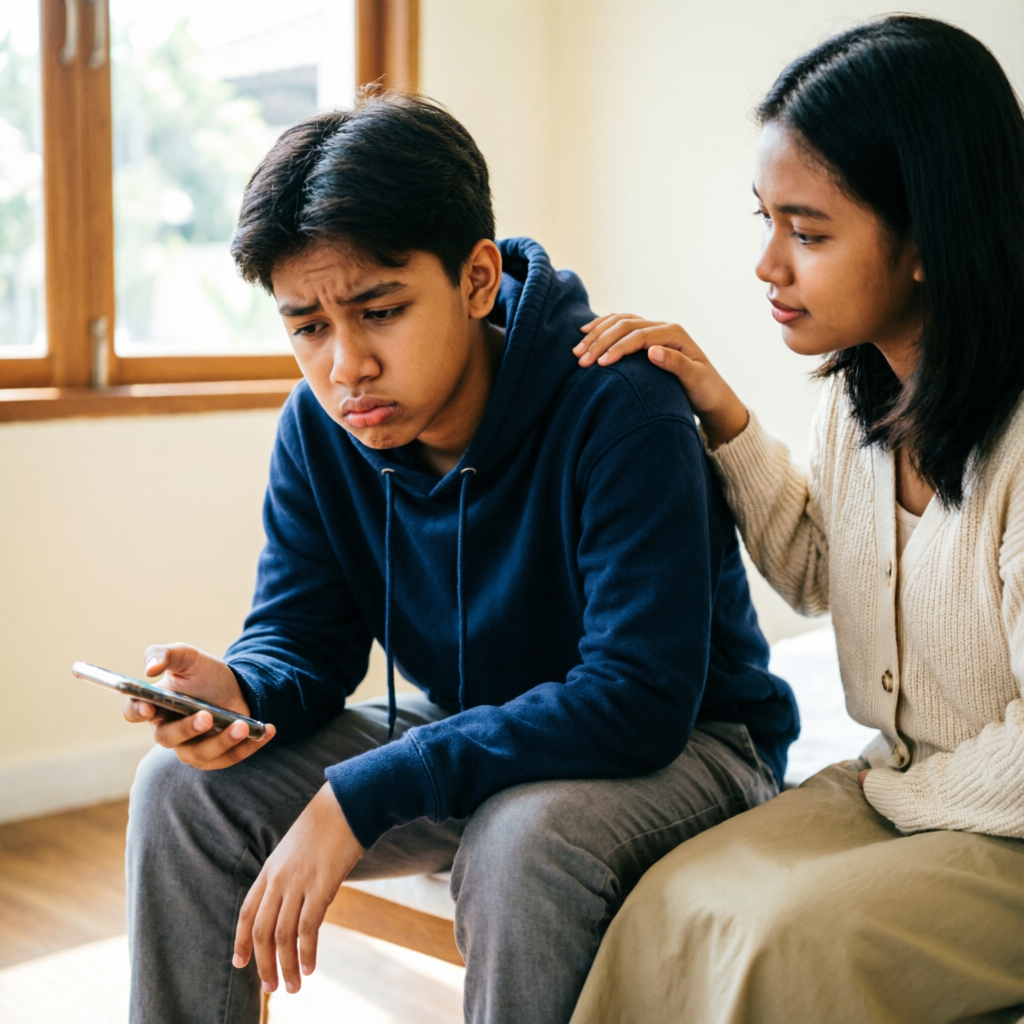 Distressed Indonesian teenager holding a phone while a friend comforts him with a hand on his shoulder
