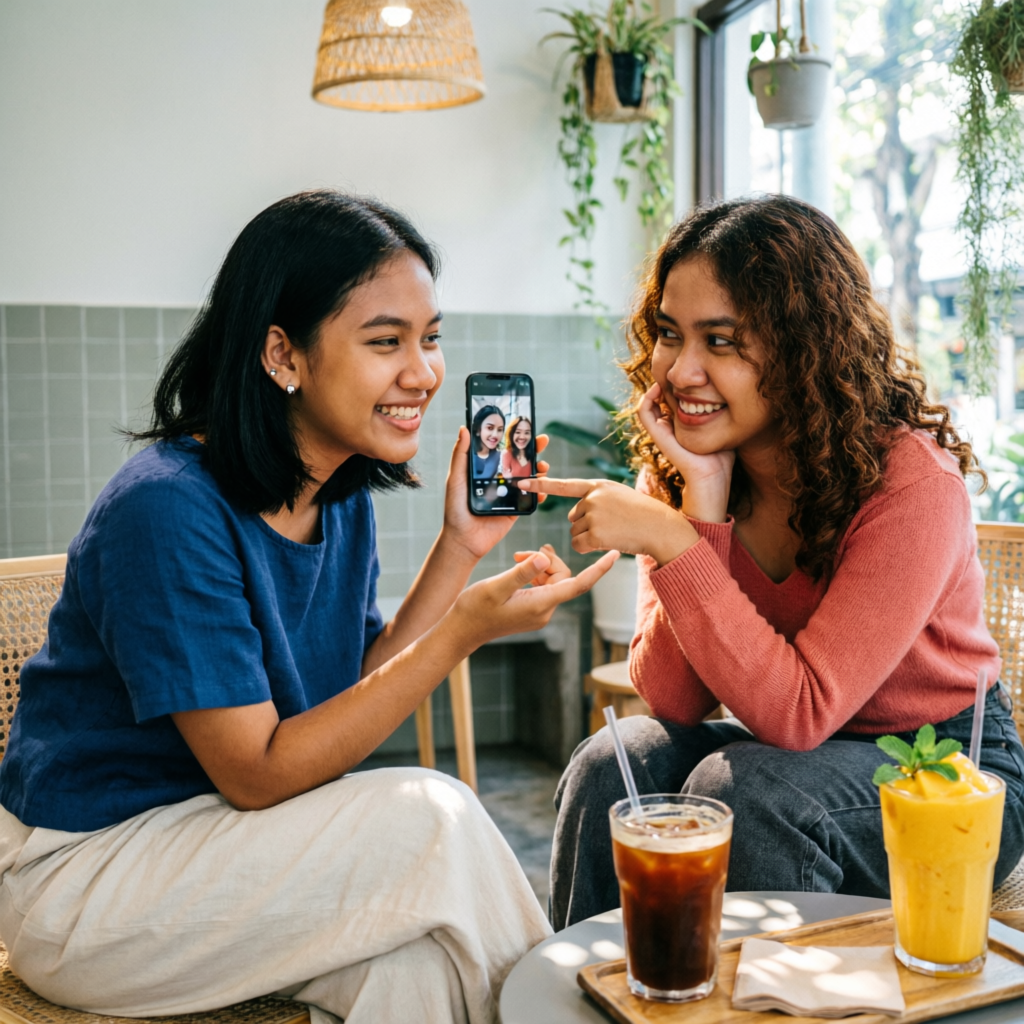 Two young Indonesian friends at a cafe, one showing a photo on her phone and asking permission before posting