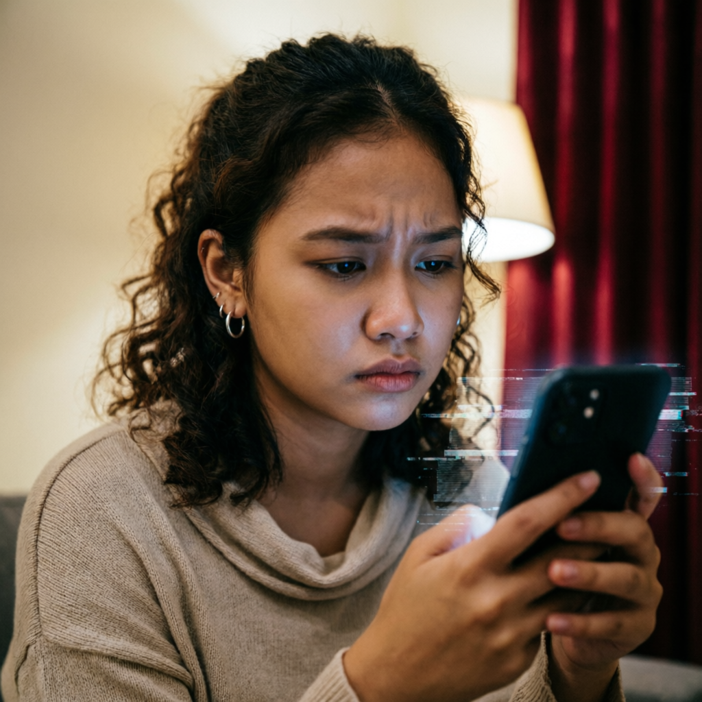 Young Indonesian woman looking concerned at her smartphone with digital glitch artifacts suggesting deepfake manipulation