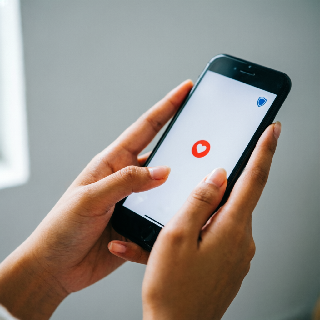 Hands of a young Indonesian person holding a smartphone showing a heart and shield icon