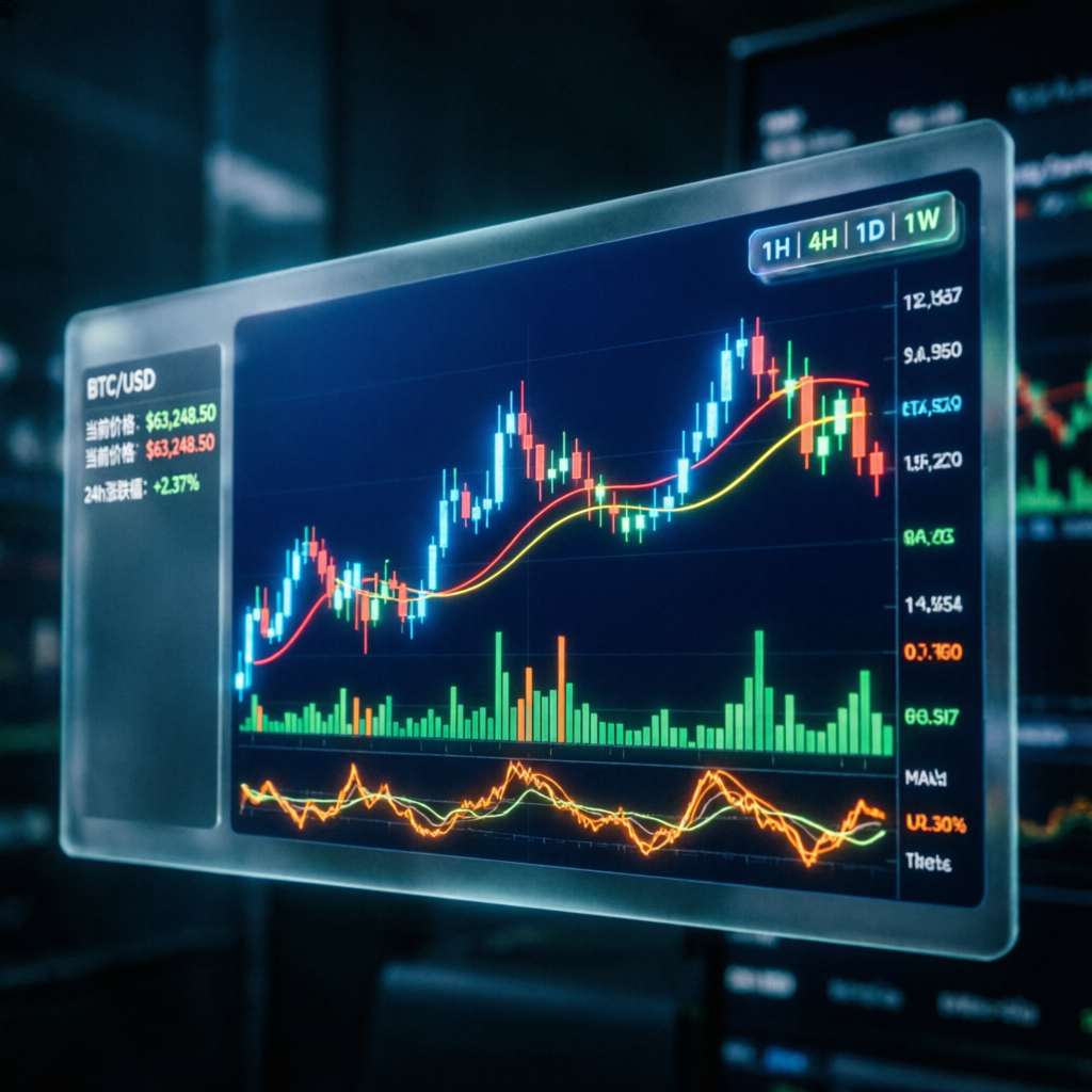 Professional candlestick chart with technical indicators on dark trading terminal