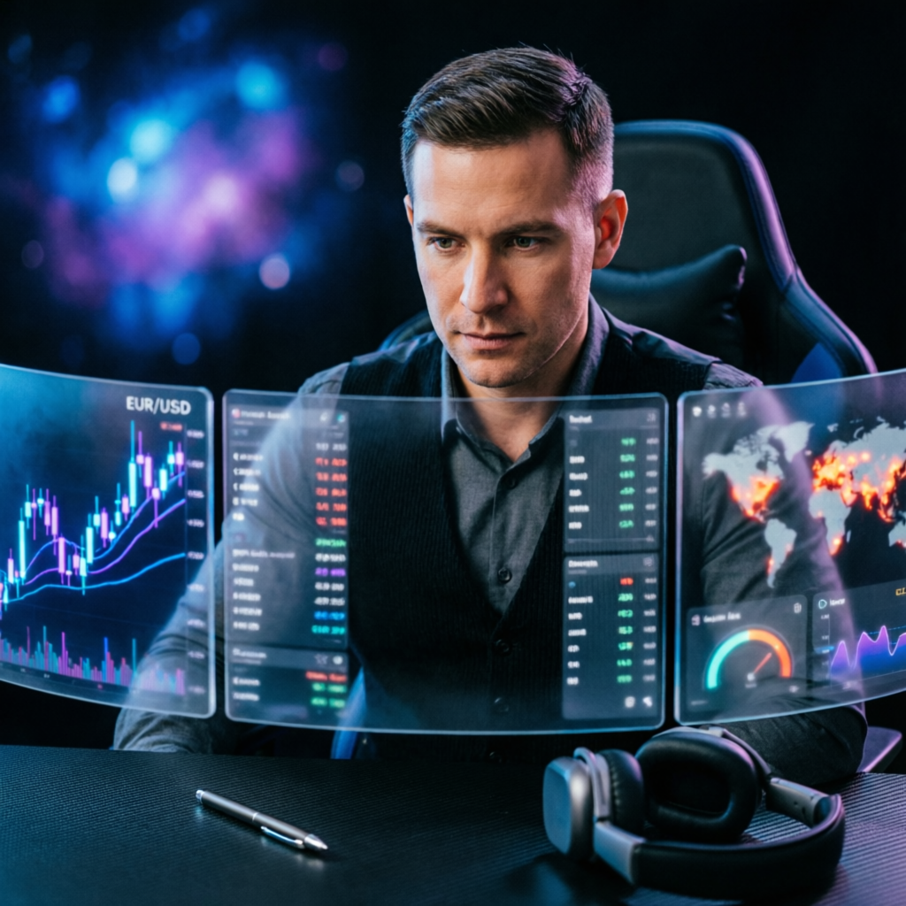 Professional forex trader using Topstep trading platform with multiple screens showing financial charts