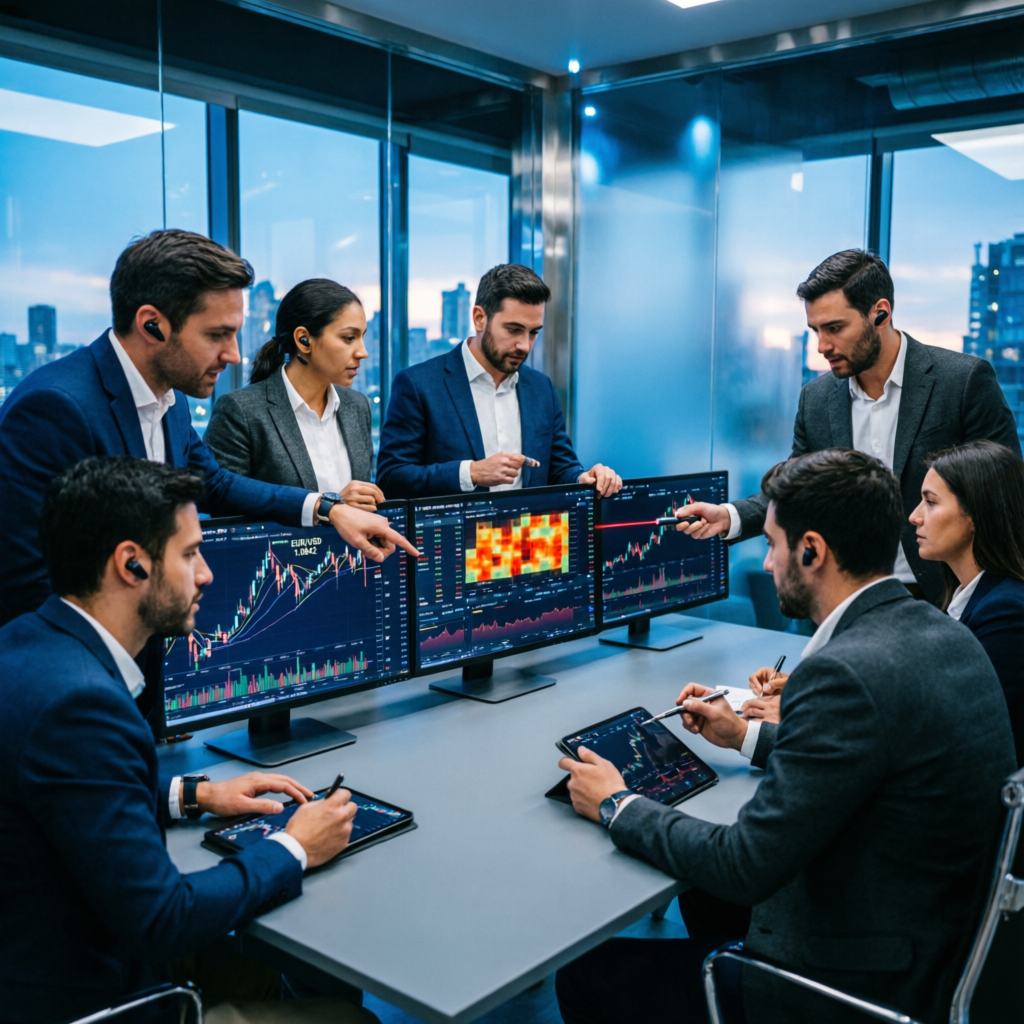 Professional team of forex traders and analysts working together in modern office
