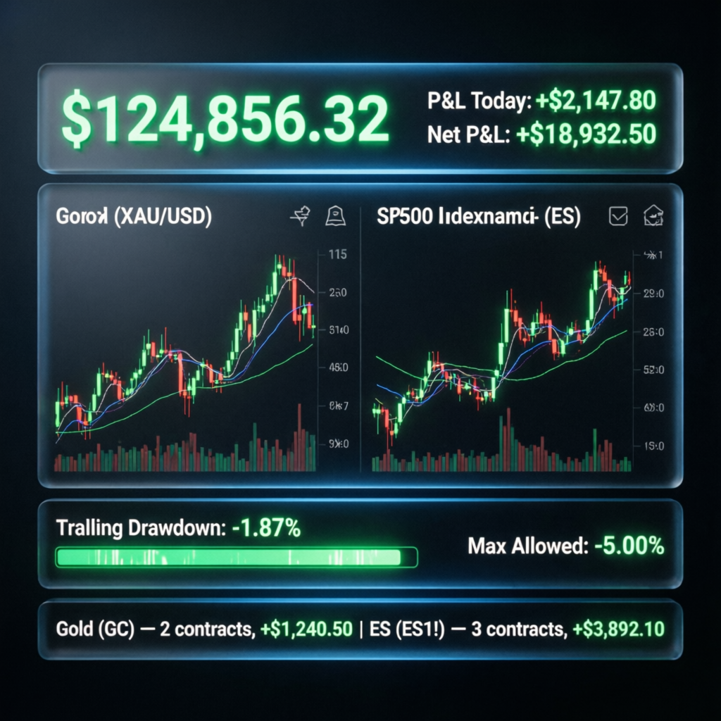Topstep trading dashboard showing live futures charts, P&L metrics, and trailing drawdown indicator