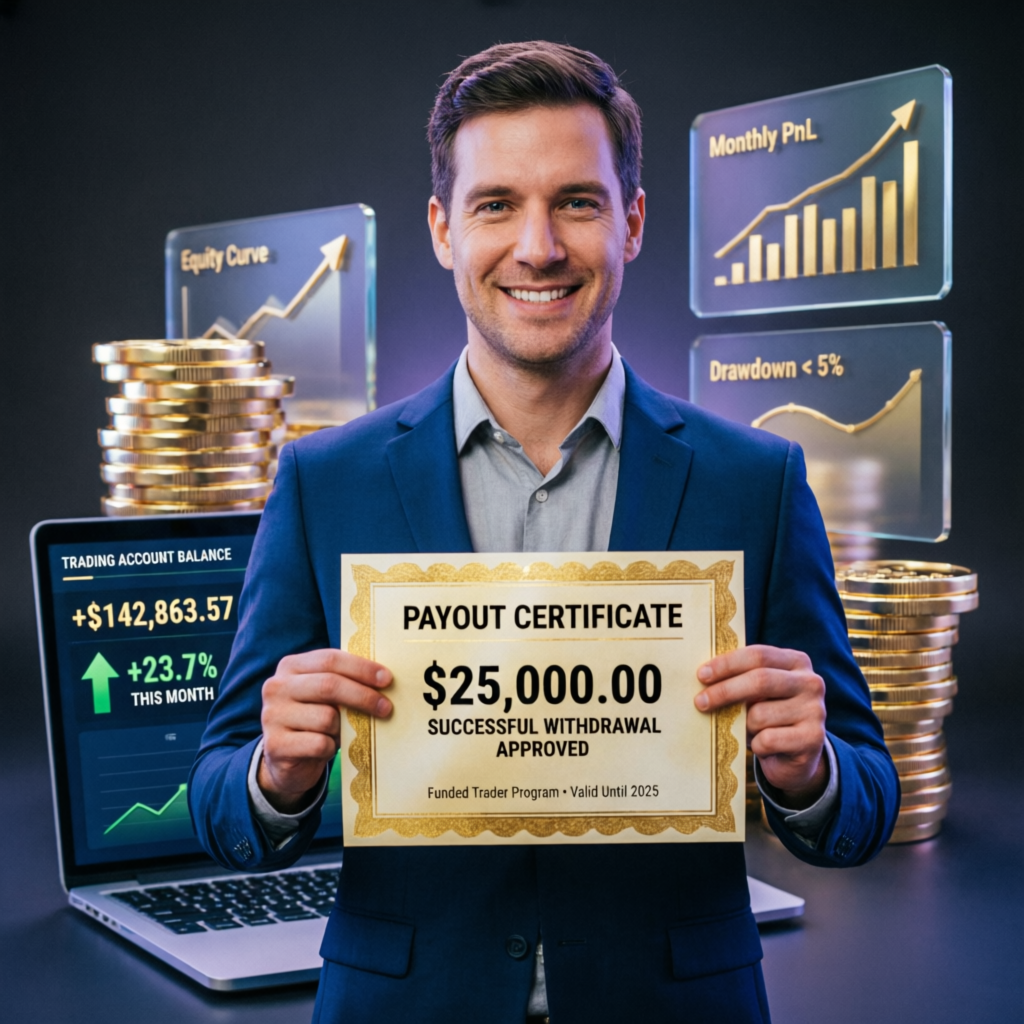 Funded trader celebrating with payout certificate showing successful withdrawal
