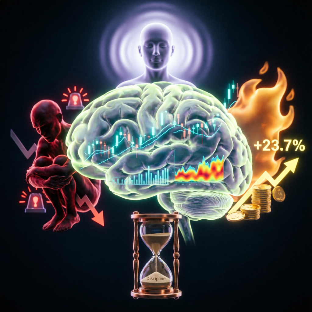 Trading psychology concept with brain hologram showing emotions and discipline