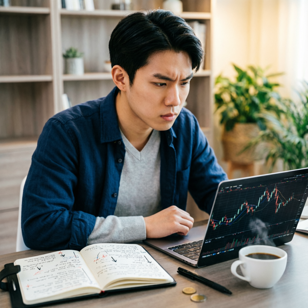 Beginner trader studying forex charts on laptop with trading strategy notebook