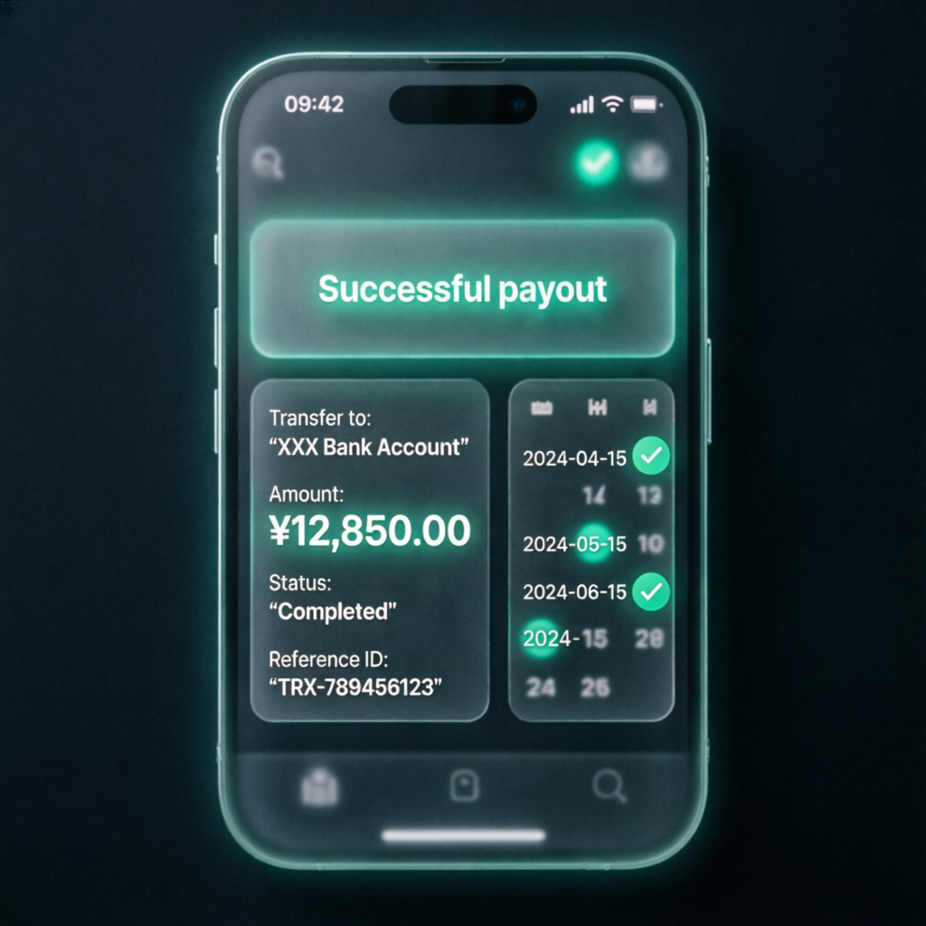 Smartphone showing successful payout notification with bank transfer confirmation