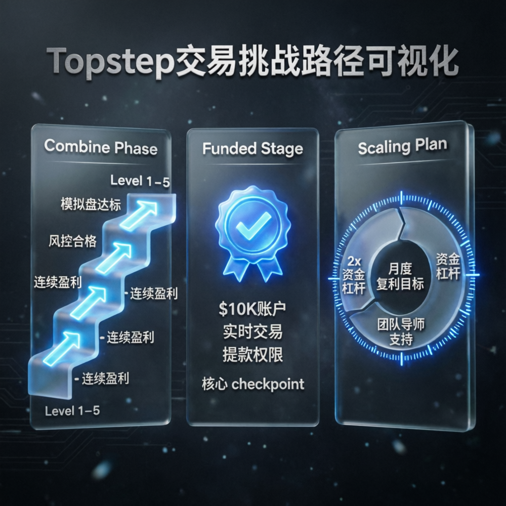Topstep trading challenge path visualization showing combine, funded, and scaling stages