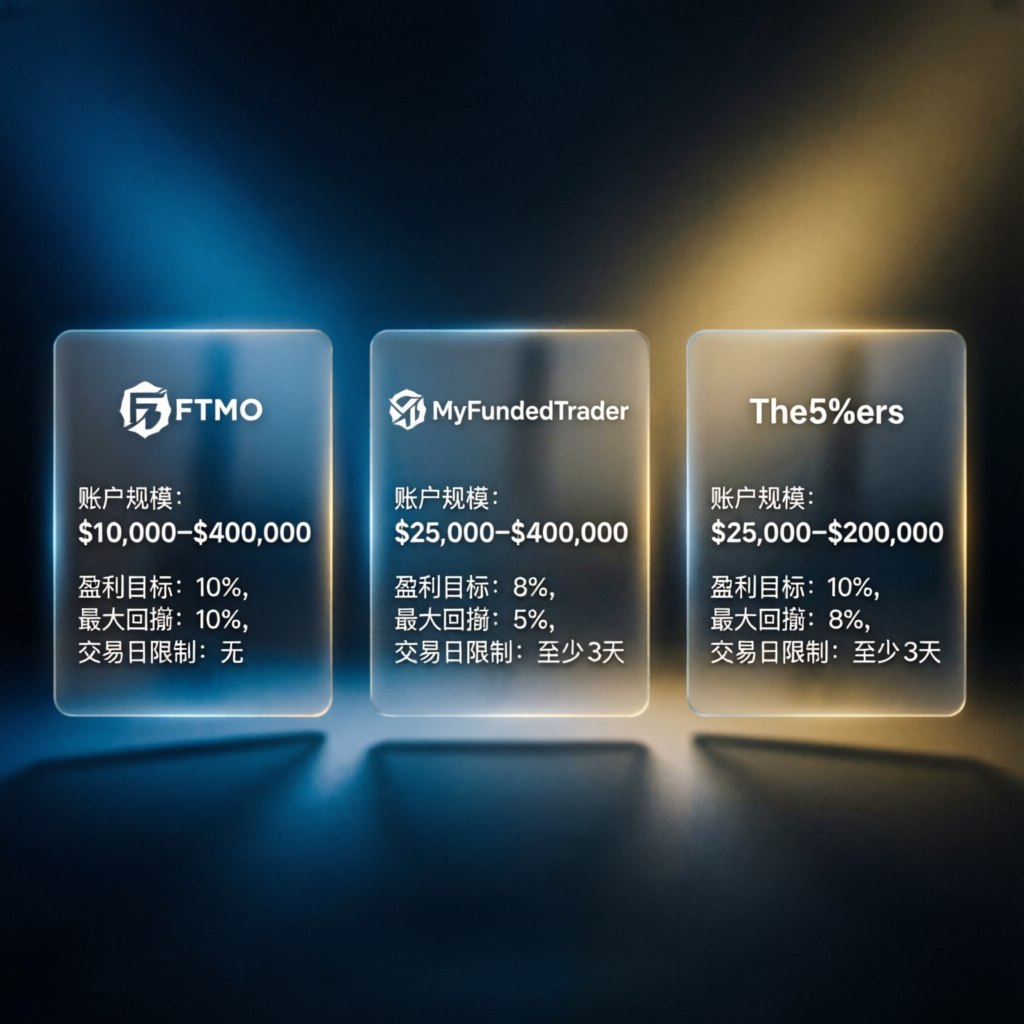 Comparison of prop firms showing account sizes, profit targets, and rules