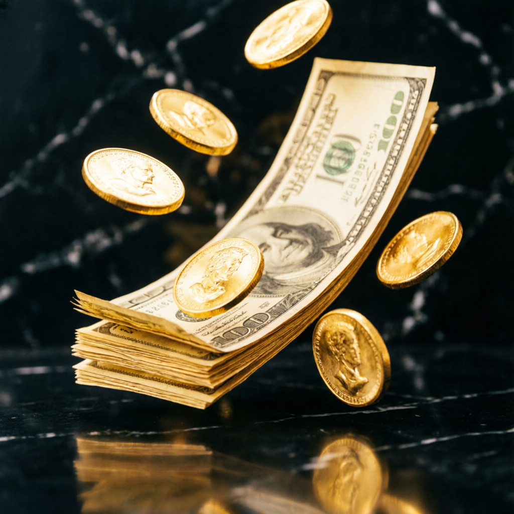 Golden coins and dollar bills representing Apex Trader Funding payout success