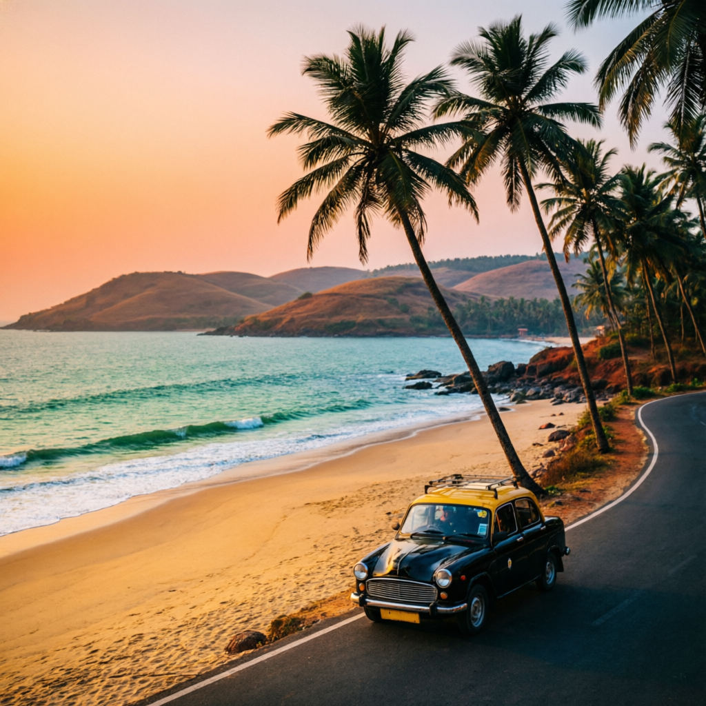 Goa coastal road with taxi at sunset