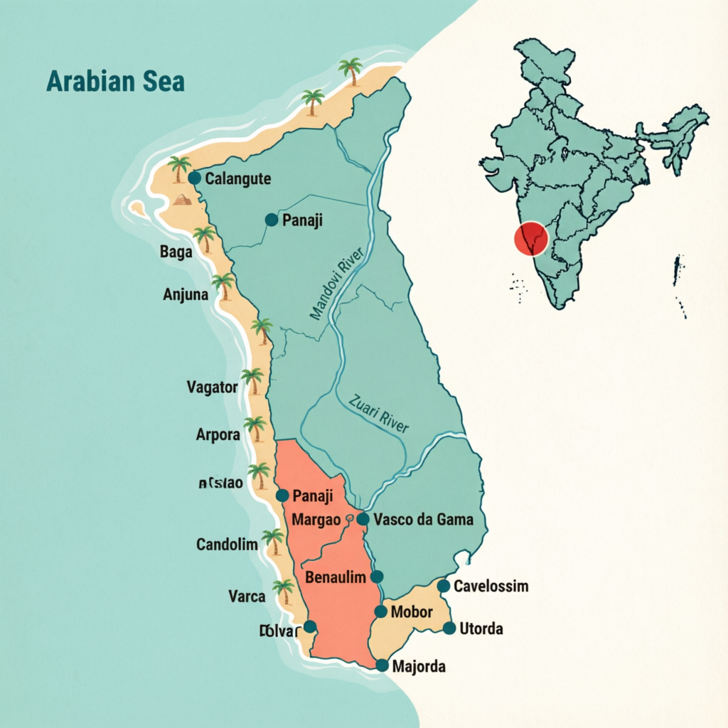 Illustrated map of Goa with India inset showing Goa location