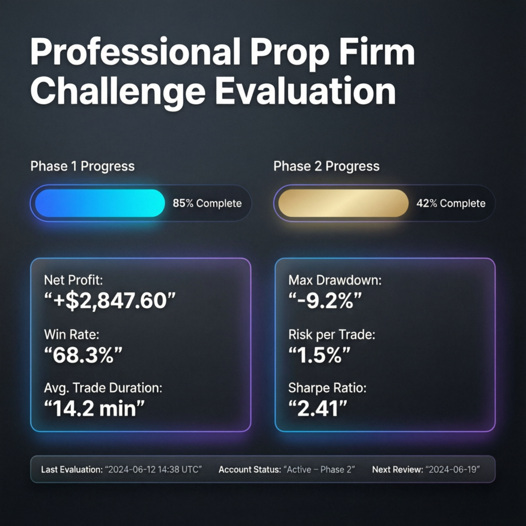 Professional Prop Firm Challenge Evaluation showing Phase 1 and Phase 2 progress with trading metrics