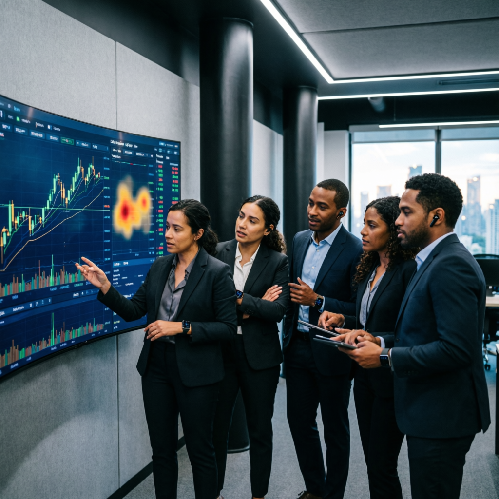 Professional team of forex traders analyzing prop firm challenges together