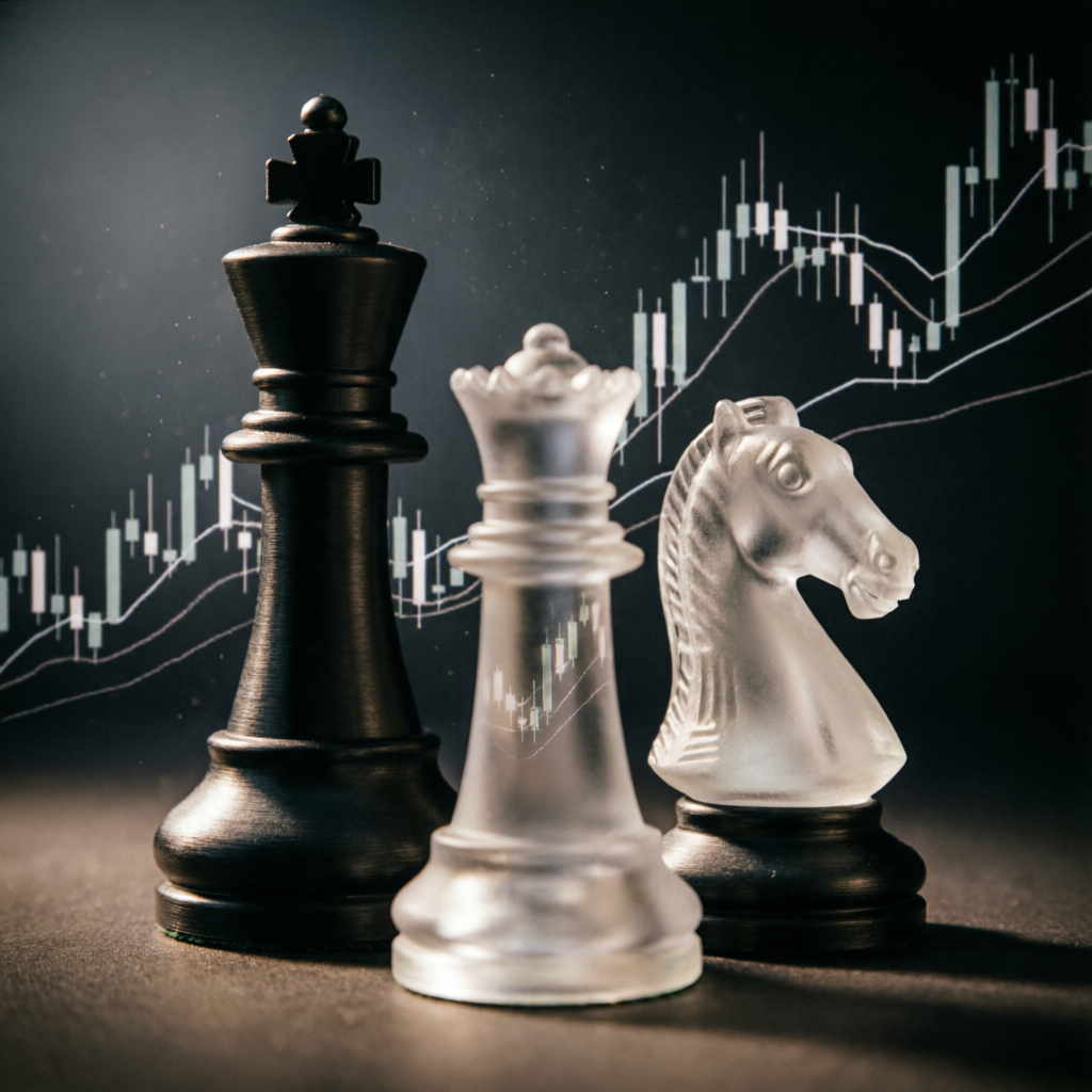 Trading strategy concept with chess pieces representing strategic thinking in forex