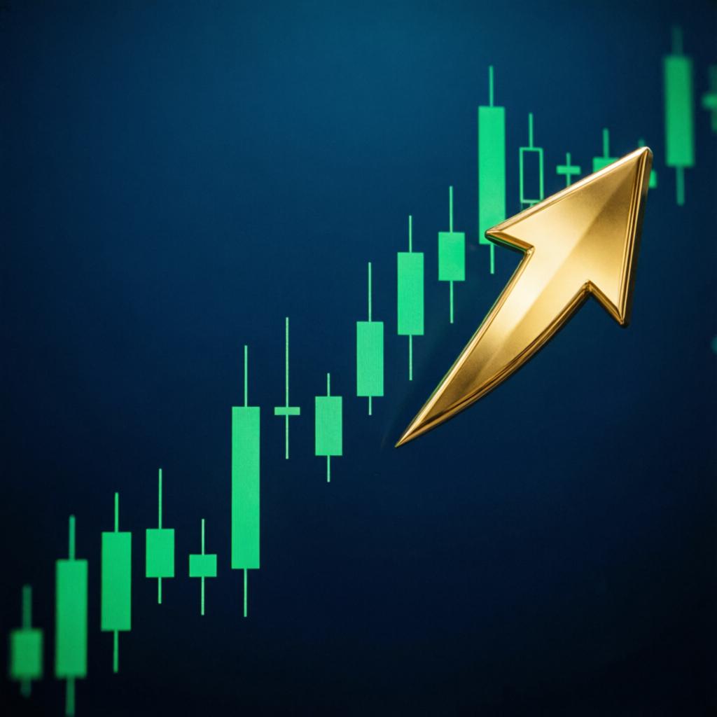 Candlestick chart with golden profit arrow showing upward trading success