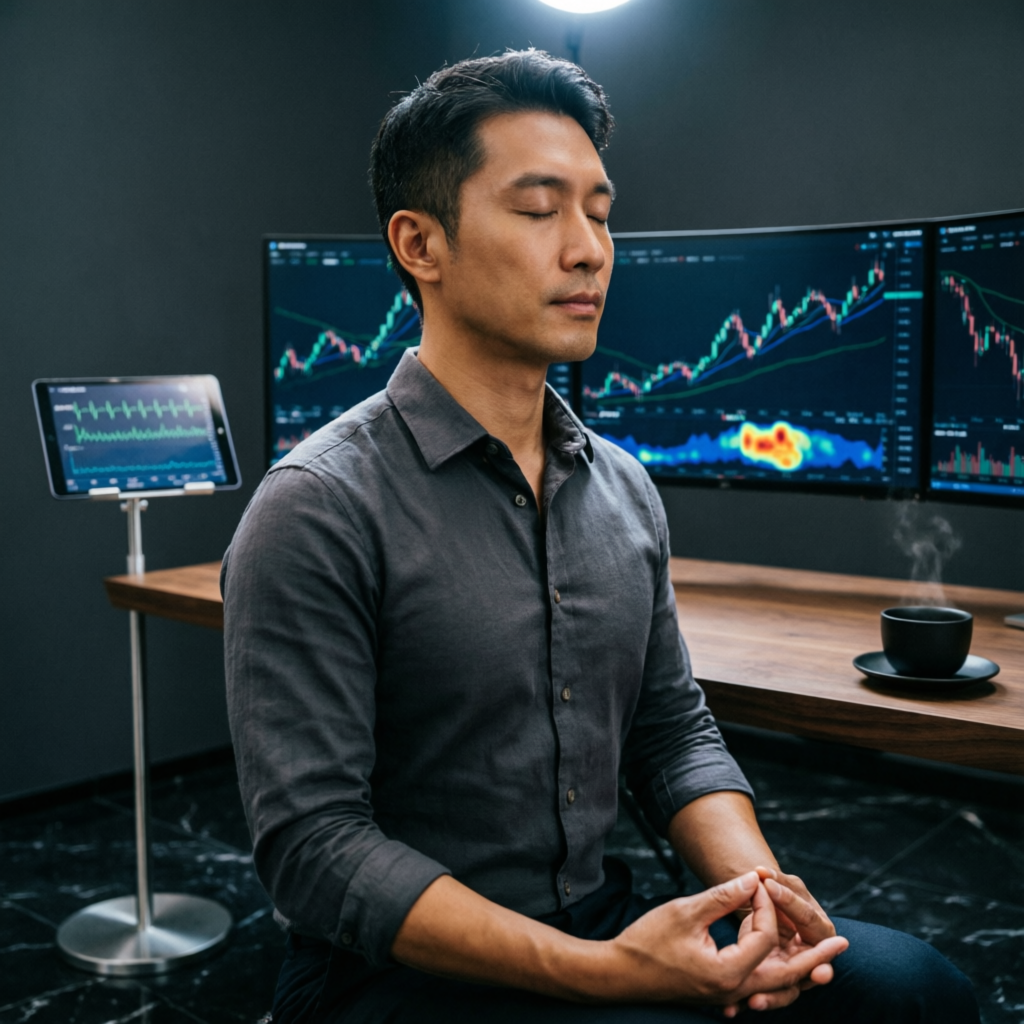 Trading psychology - calm focused trader meditating in front of multiple monitors