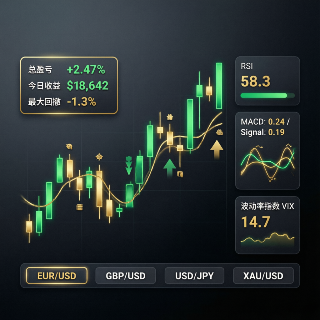 Live trading dashboard showing prop firm challenge progress and profit metrics