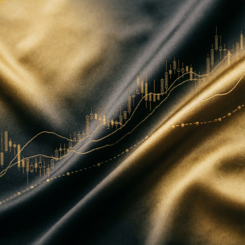 Luxury gold and black abstract background with trading chart patterns representing premium financial services