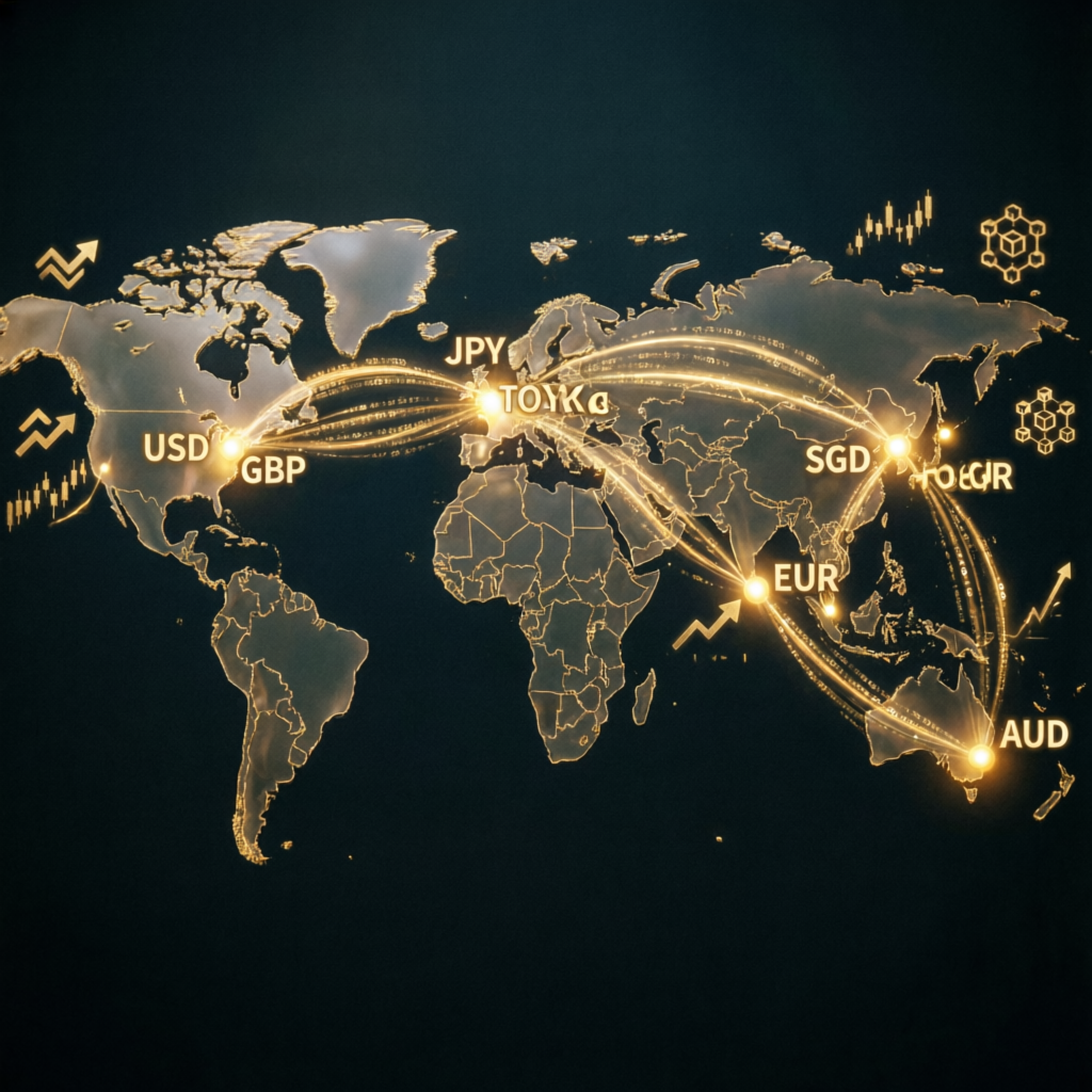 Global forex trading network showing major currency pairs and financial centers