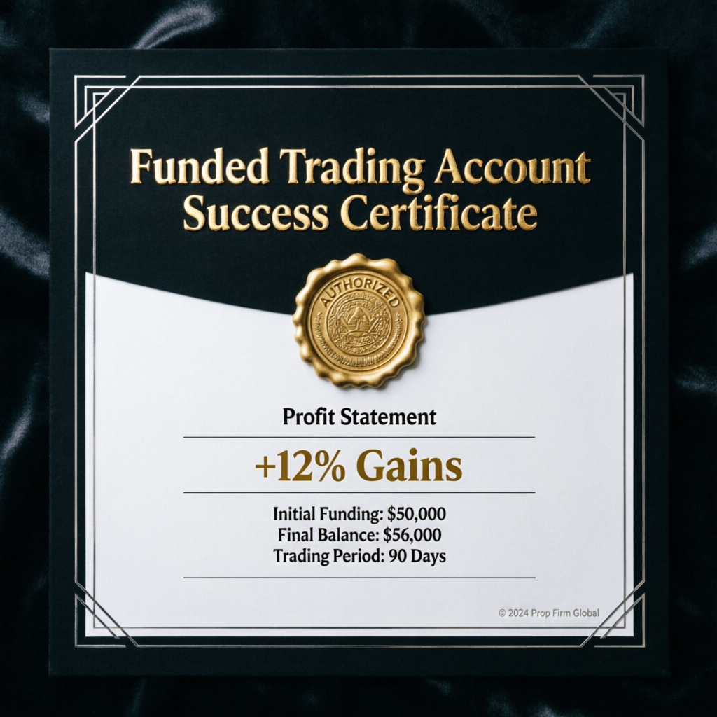 Funded Trading Account Success Certificate showing +12% gains and profit statement
