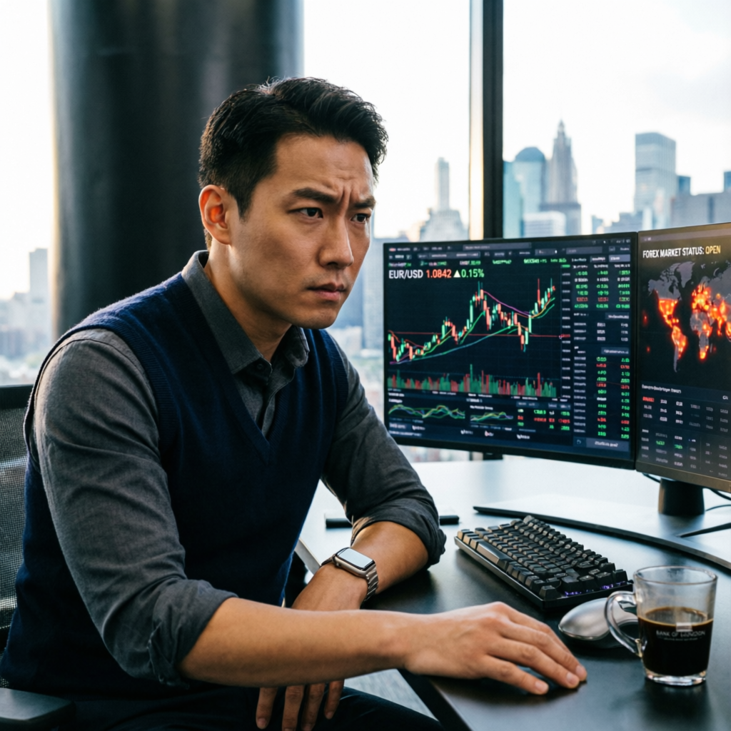 Professional forex trader analyzing TradeDay prop firm challenge on multiple monitors