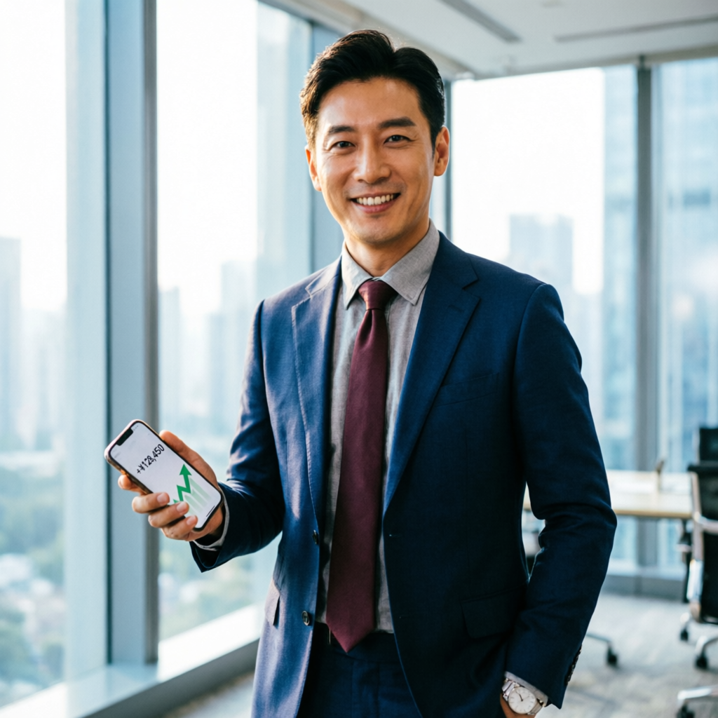 Happy funded trader showing profit on smartphone after successful prop firm challenge