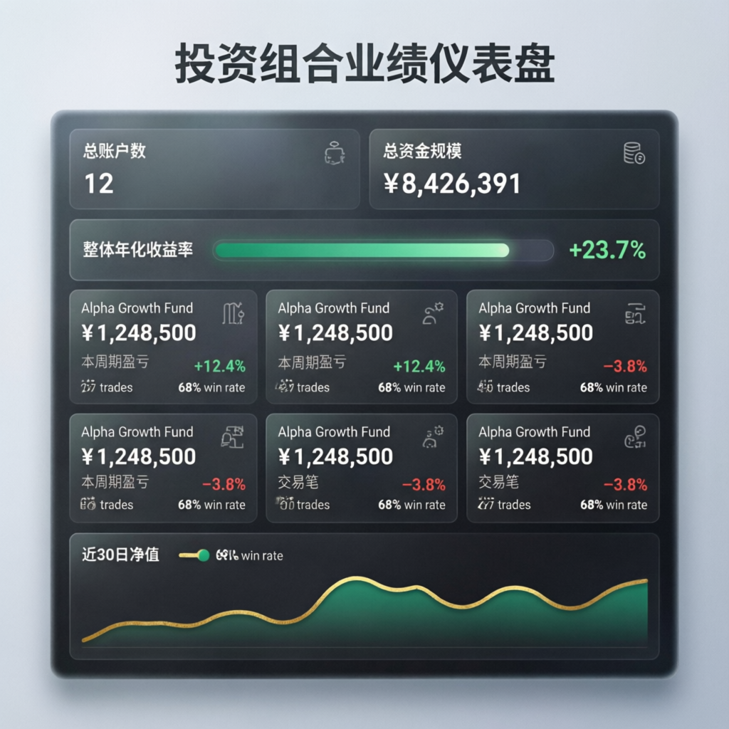 Portfolio results dashboard showing multiple funded accounts with profit percentages