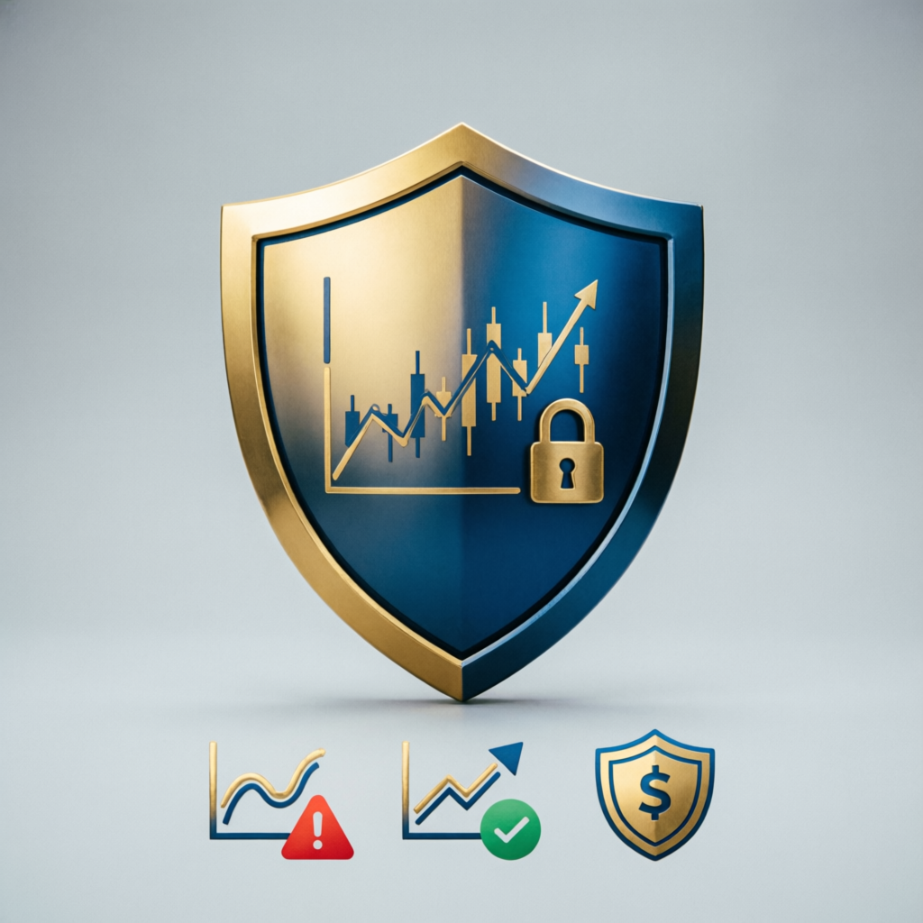 Risk management shield protecting trading accounts with financial security