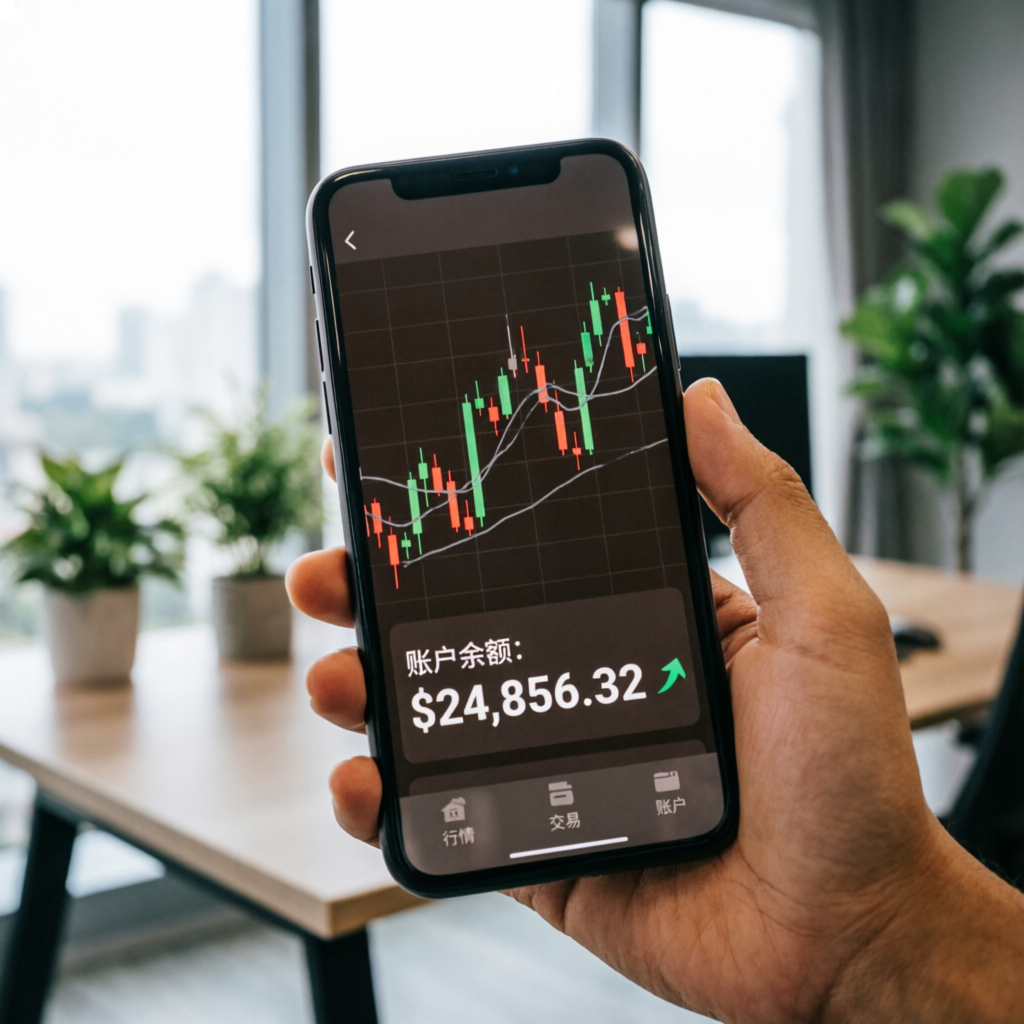 Mobile trading app showing forex charts and account balance on smartphone