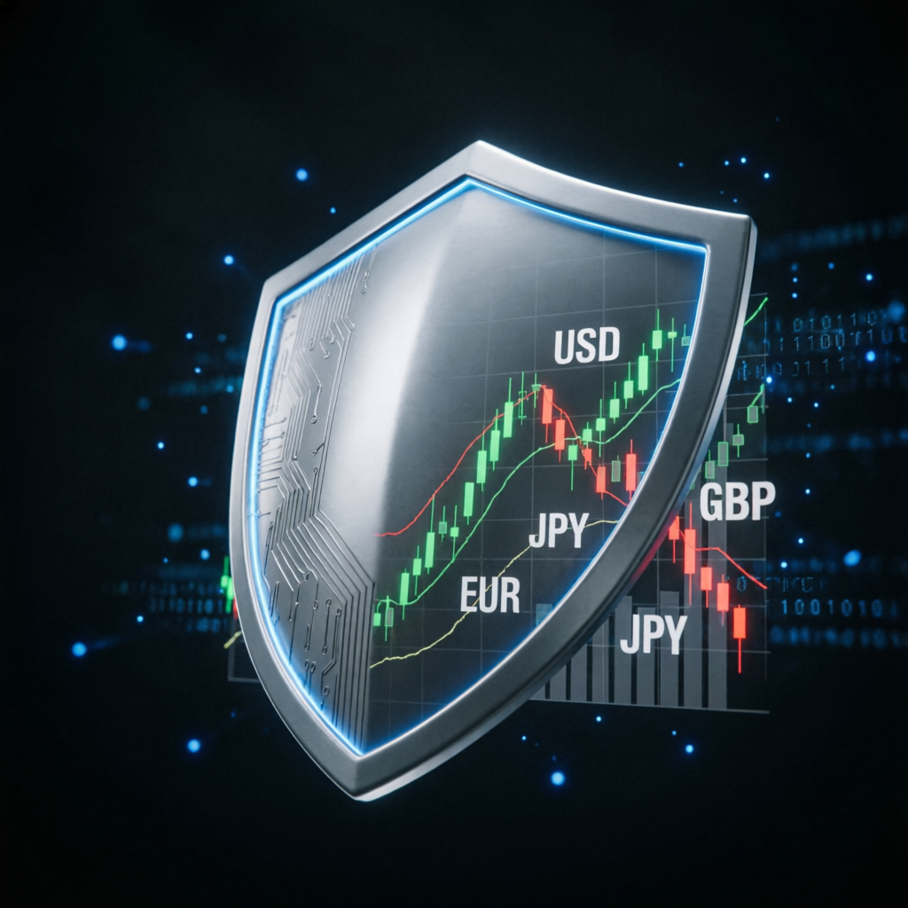 Digital risk management shield protecting trading charts