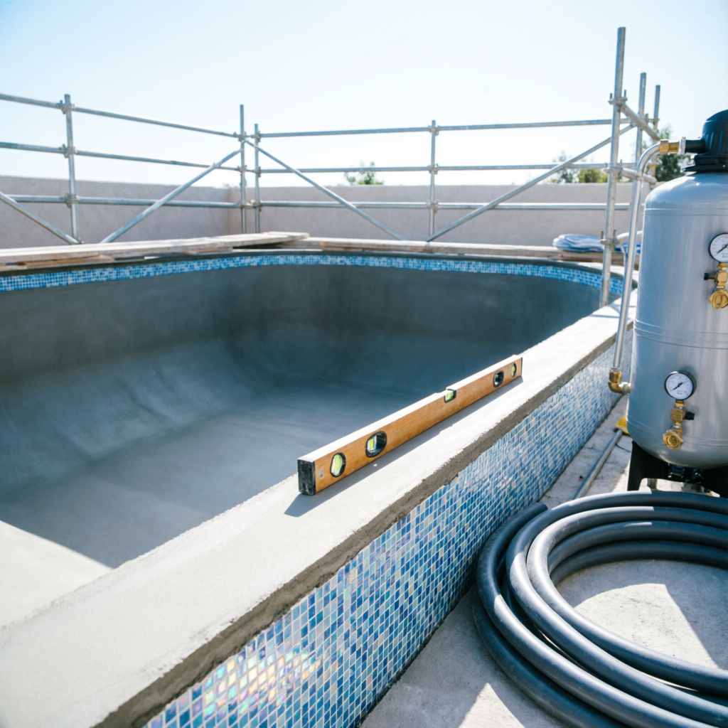 Swimming pool shell under renovation with tiling and filter equipment