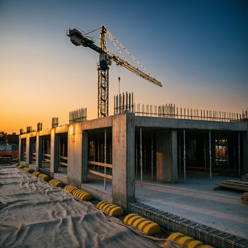 Tower crane over a concrete structure at sunset — no people on site