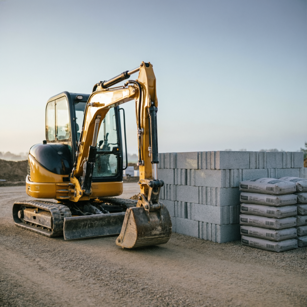 Compact excavator beside stacked concrete blocks and cement bags