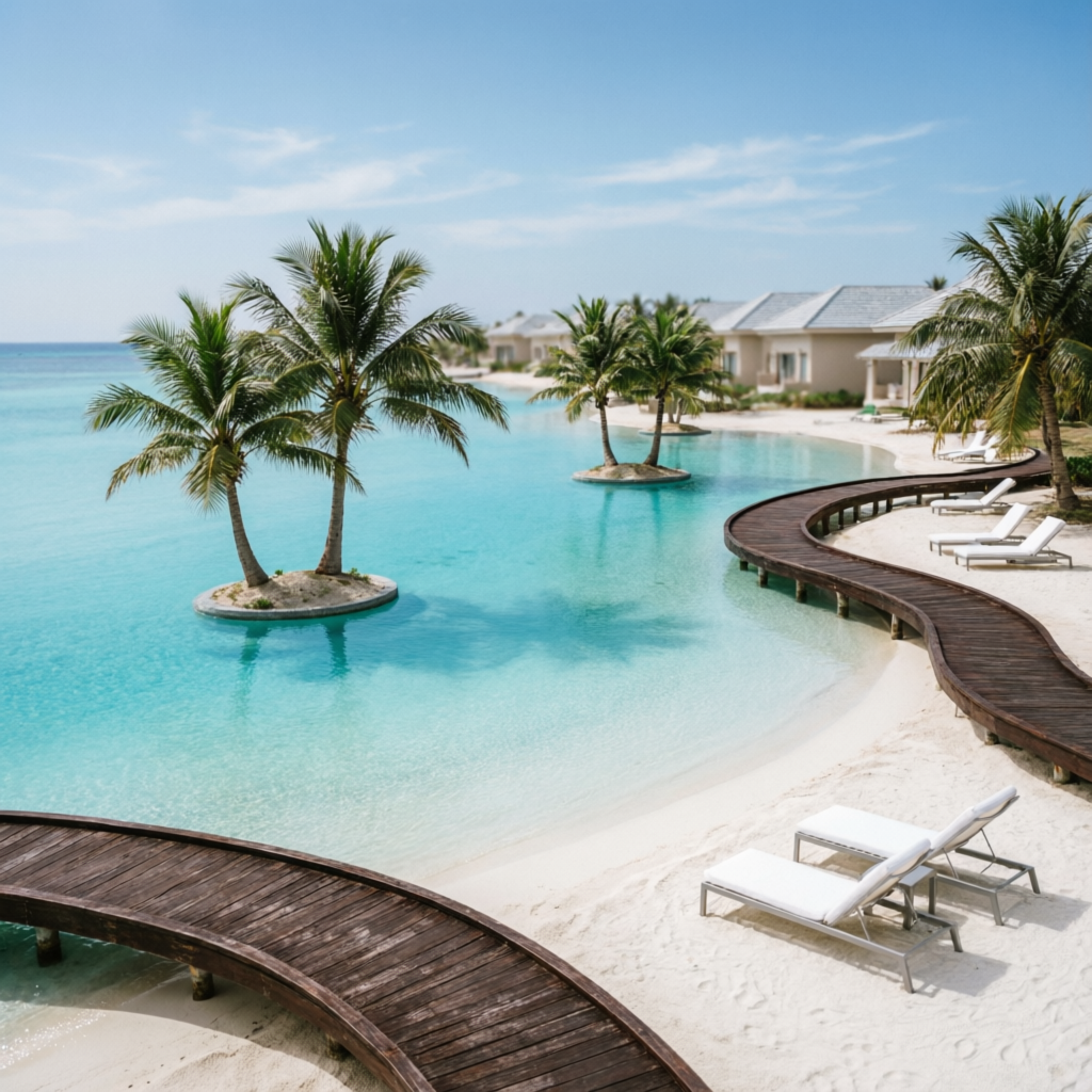 Resort lagoon pool with white sand beach and boardwalks