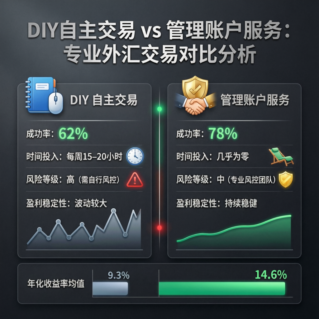 Comparison chart showing DIY self-trading versus managed account services with success rates and metrics