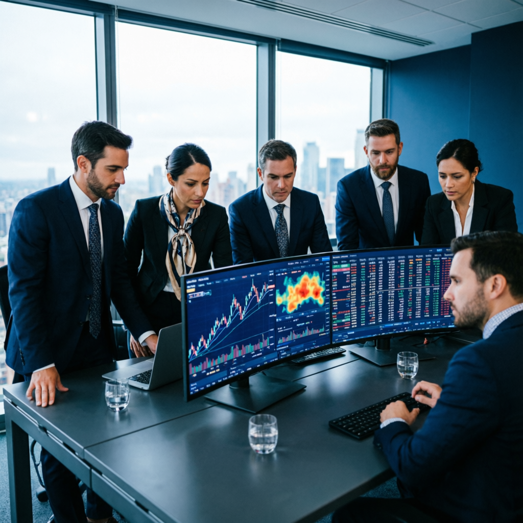 Professional team of forex traders analyzing market data and managing funded trading accounts